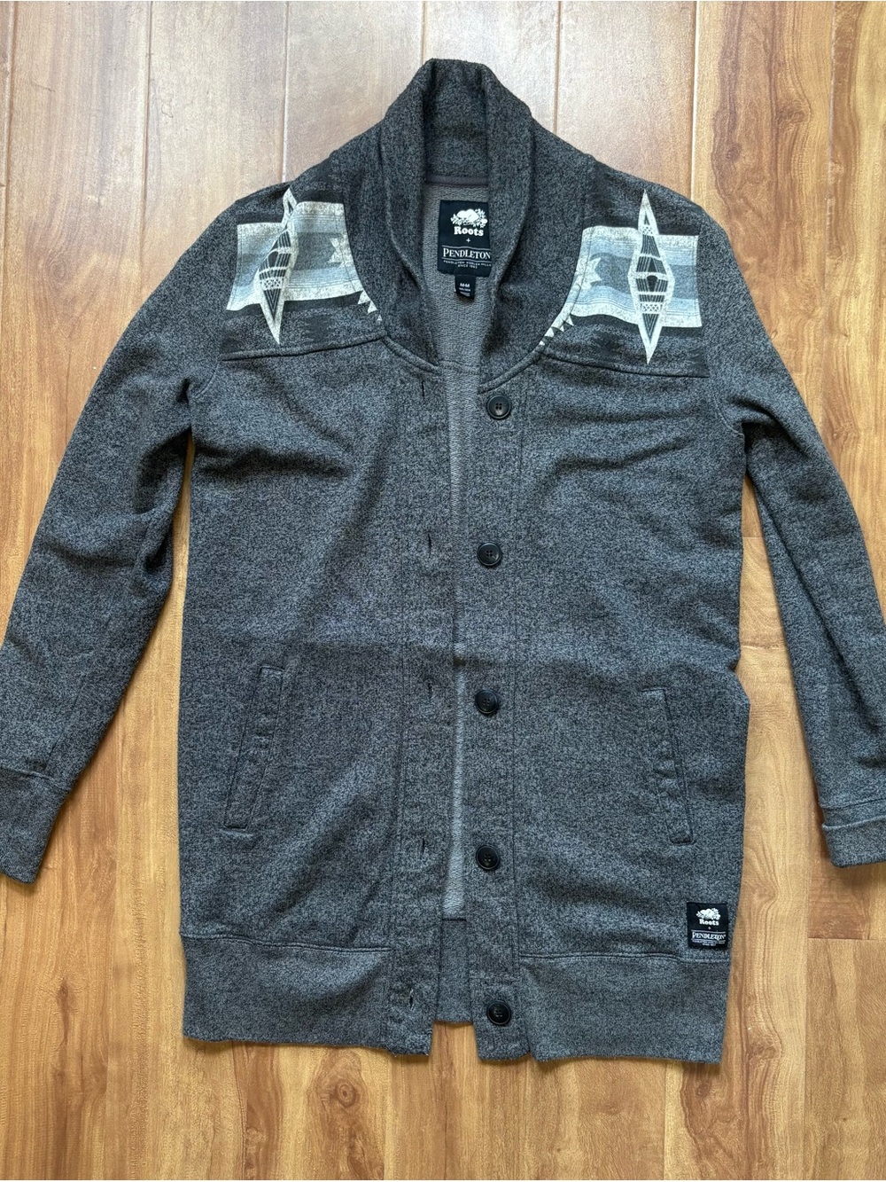 Roots Men's Gray Shawl Collar Cardigan with Patterned Yoke